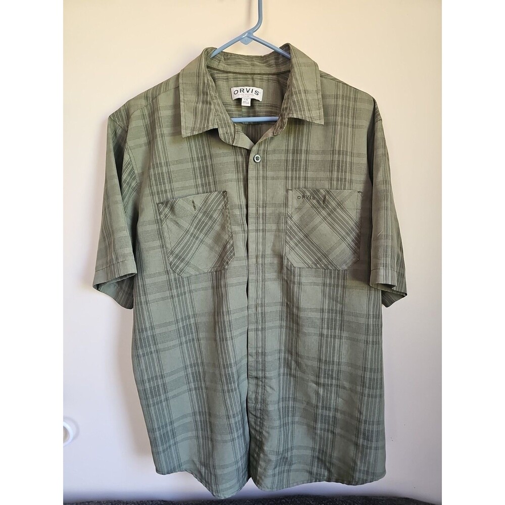 Orvis Mens Shirt Size L Green Button Up Pockets Short Sleeve
